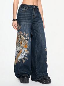 ROMWE Grunge Punk 复古街头风中国风老虎花卉刺绣宽松阔腿低腰牛仔裤，男女皆宜