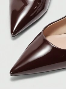 CUCCOO BIZCHIC New Summer Women's Square Buckle Pointed-Toe Low Chunky Kitten Heels, Unique Heel Design, Versatile, Comfortable, Commute Style, Chocolate & Brown Patent Leather Slip-On Flats