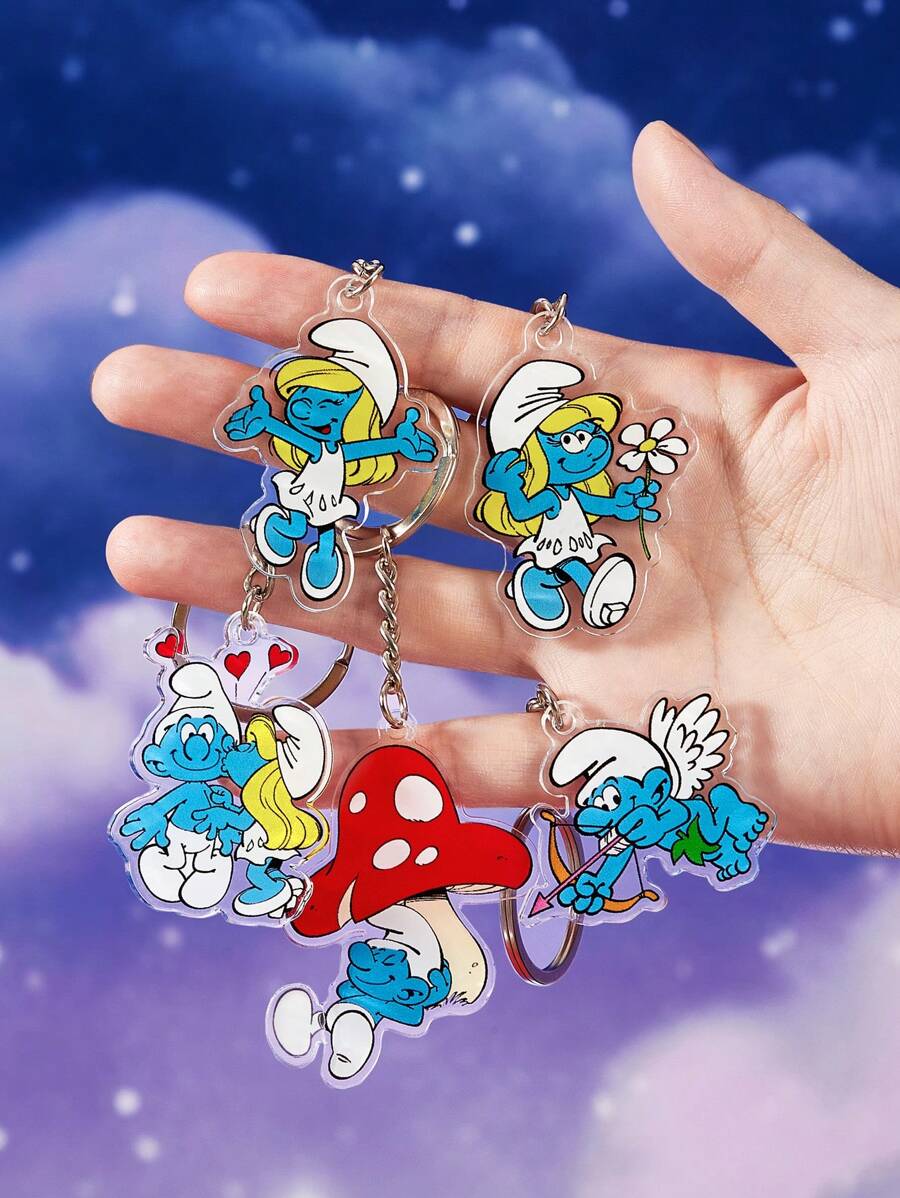 SHEIN X The Smurfs 5pcs Cartoon Acrylic Keychain Bag Charms, Gifts - Multicolor - View 1