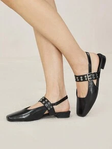MOTF PREMIUM 女士时尚复古通勤百搭舒适休闲黑色油性皮革纹理鞋面绑带高跟绑带时尚孔眼细节方头平底鞋 - 黑色 - 查看 6
