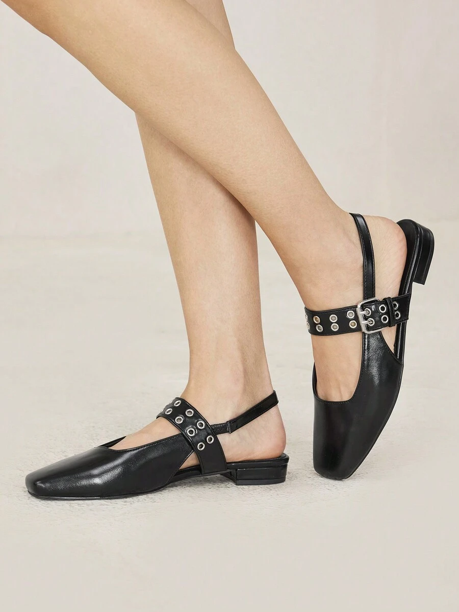 MOTF PREMIUM WOMEN'S FASHION RETRO COMMUTER VERSATILE COMFORTABLE CASUAL BLACK OILY LEATHER-TEXTURED VAMP STRAP HEEL STRAP EYELET DETAIL SQUARE TOE FLAT SHOES - Black - View 1