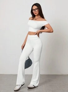 SHEIN PETITE Ensemble in zwei Teilen mit Polokragen Oberteil + Hose mit geraffter Taille und weitem Bein, Rippstrick - Weiss - Übersicht 3