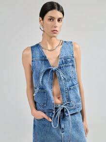 Ontre Women Denim Sleeveless Fitted Vest, Blue - Medium Wash - View 6