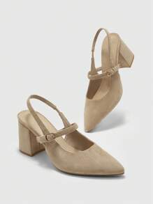 CUCCOO BIZCHIC Women's Minimalist Pointed Toe Ankle Strap Elegant Solid Color Thick Heel Pumps, Suitable For Work For Christmas Spring Shoes - Apricot - View 9