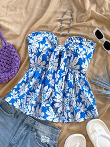 Soleia Ladies' Holiday Blue And White Tropical Floral Print Tube Ruffled Waist A-Line Crop Top, Suitable For Date, Beach, Afternoon Tea - Blue and White - View 3