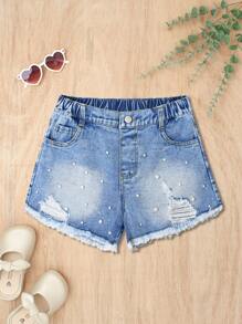 Girls Ripped Pearl Detail Denim Shorts, Fashionable Casual Lightweight Loose Washed Denim Shorts Suitable For Tween Girls, Spring/Summer 2025 New Collection, Suitable For Daily Wear - Light Wash - View 1