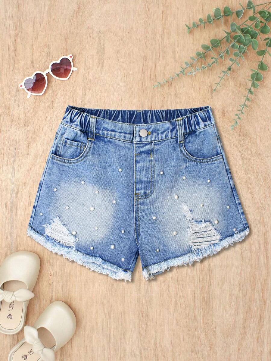 Girls Ripped Pearl Detail Denim Shorts, Fashionable Casual Lightweight Loose Washed Denim Shorts Suitable For Tween Girls, Spring/Summer 2025 New Collection, Suitable For Daily Wear - Light Wash - View 1