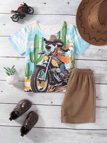 Conjunto de 2 piezas de camiseta con estampado de un perro montado en una motocicleta al estilo occidental + pantalón caqui para niños pequeños (talla pequeña), adecuado para uso diario, juego al aire libre y reuniones familiares, conjunto de verano para niños