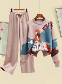 SHEIN LUNE 2pcs Intarsia Knit Sweater And Thick Pants Set, Elegant For Autumn/Winter - Camel - View 1