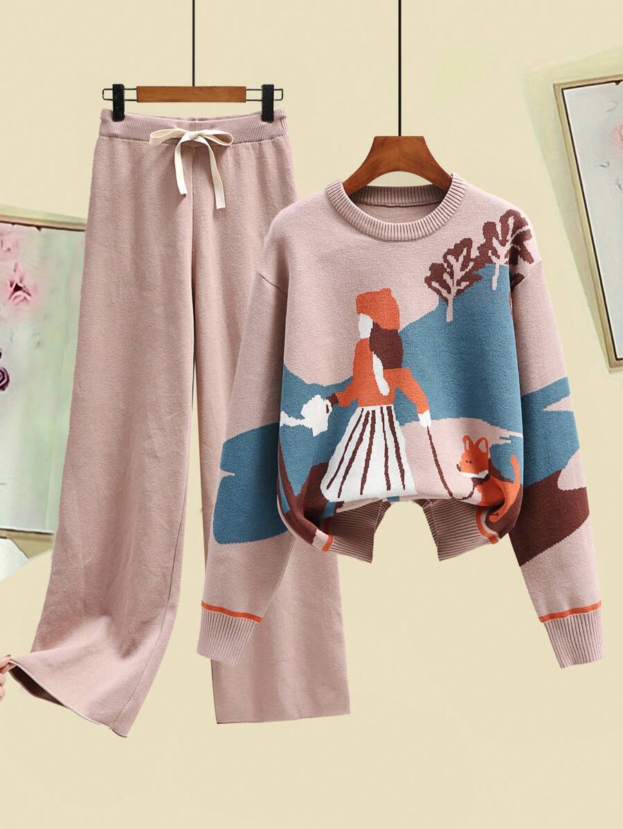 SHEIN LUNE 2pcs Intarsia Knit Sweater And Thick Pants Set, Elegant For Autumn/Winter - Camel - View 1