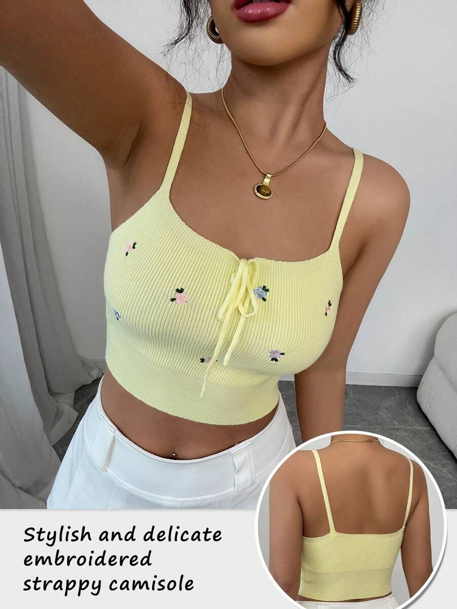 Rafferiza Fashionable Delicate Floral Embroidered Camisole Top With Tie