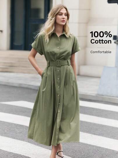 BizChic Vestido de mujer de unicolor con botones delanteros, bolsillos en diagonal y mangas cortas, vestido casual de negocios urbano, elegante y formal para Halloween, Navidad y reuniones