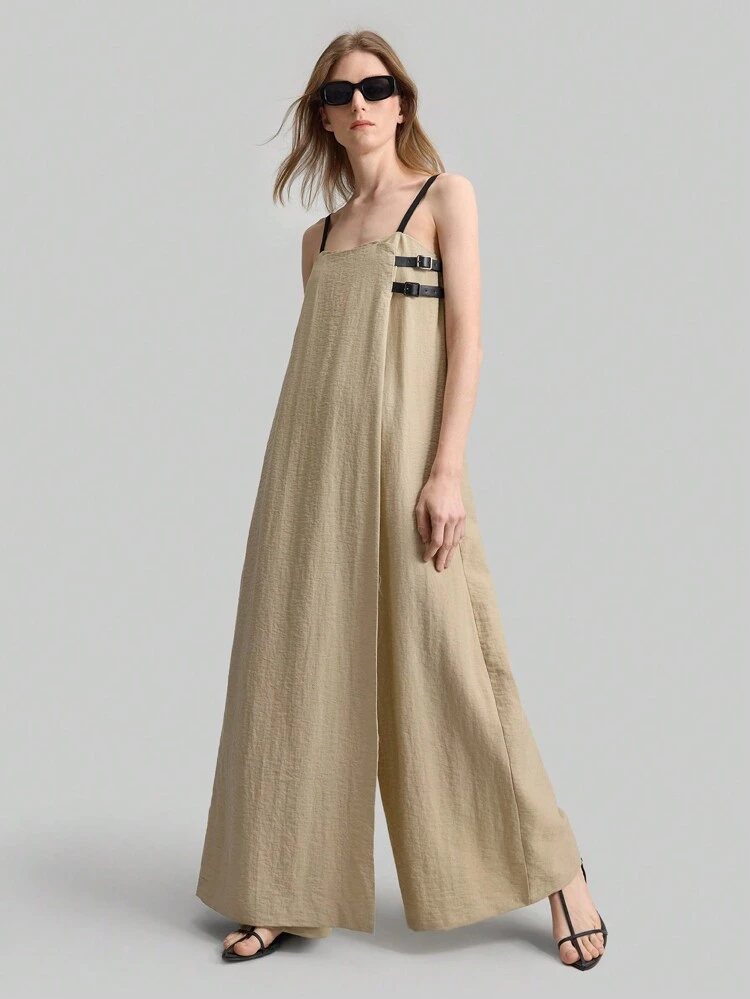 Women's Light Khaki 90s Inspired Wrap Slip Dress With Belt Buckle