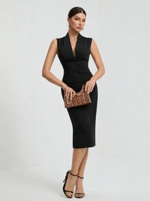 SHEIN Tall Women's Solid Color Pleated Fitted Elegant Sleeveless Dress,Business Casual Woman - Black - View 5