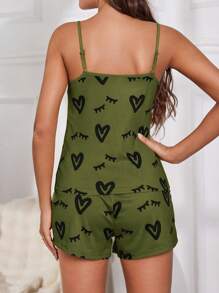 Heart Lash Print Camisole & Shorts Pajama Set - Army Green - View 2