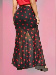 SHEIN EZwear Plus Size Valentine's Day Heart Mesh Sheer Skirt - Multicolor - View 2