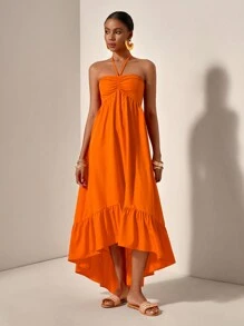 Zivah 2025 夏季新品音乐节复活节圣帕特里克节西部波西米亚风生日派对毕业典礼学生日常休闲度假巡航海滩露背细肩带 A 字裙，橙色