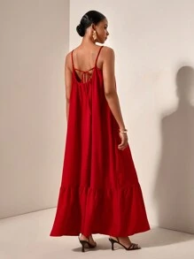 Zivah Vacation Red  Loose Fit Spaghetti Strap Smocked Ruffle Hem Backless Cami  Long Dress