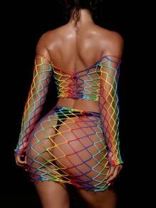 Swim SXY Spring Break Women 2pcs Set Knit Multi-Color Rainbow Long Sleeve Fishnet Bodysuit + Sexy Beach Dress - Multicolor - View 2