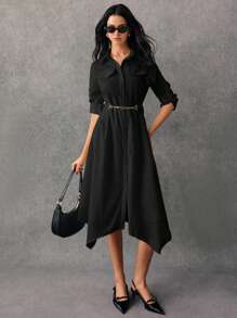 Poéselle Women Solid Color Roll Tab Sleeve Shirt Dress - Black - View 2