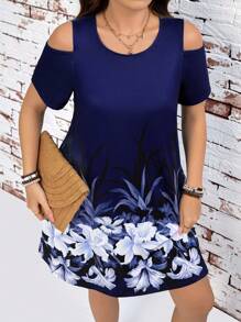 SHEIN LUNE Plus Size Women's Floral Print Off Shoulder Short Sleeve Dress, Resort Style Summer Dress For Women Elegant Resort Wear Women Boho/Bohemian, Festival Wear, Holiday Dress, Outdoor Daily Wear Essential Sundress Holiday Wear Women - Black - View 6