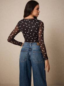 Poéselle 情人节心形图案蕾丝拼布方领紧身衣夏季度假服装 - 黑色 - 查看 4