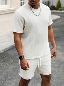 Manfinity Homme Plus Size Men's Solid Color Crew Neck Short Sleeve T-Shirt And Shorts Set - Apricot - View 4