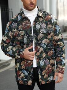 Manfinity Homme Plus Size Men's Floral Jacquard Pattern Single Breasted Long Sleeve Jacket