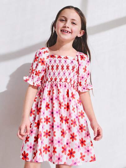 SHEIN 年轻女孩花卉印花 A 字形短袖宽松连衣裙，带荷叶边下摆，适合度假、休闲、春季