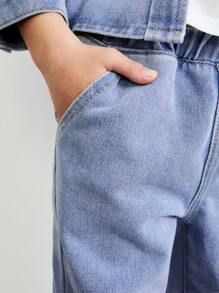 SHEIN Setelan Jaket Denim Saku Bergambar Potret Anak Laki-Laki dan Celana Jeans Pinggang Elastis, Kasual untuk Musim Semi dan Musim Dingin - Biru - View 6