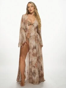 MISSGUIDED Women Floral Chiffon Beach Cover Up Maxi Kimono Long Sleeve Sheer Boho Summer Resort Wear Pool Swim Cover Up Festival Vacation Beachwear