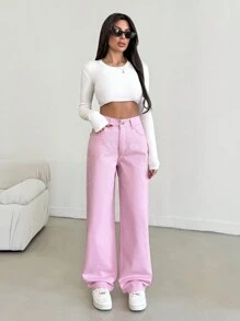 SHEIN Tall WOMEN HIGH RISE STRAIGHT PINK JEAN TALL Spring Outfits For Women  Woman S Summer Clothes Women Summer Clothing Women S Clothes - Pink - View 3