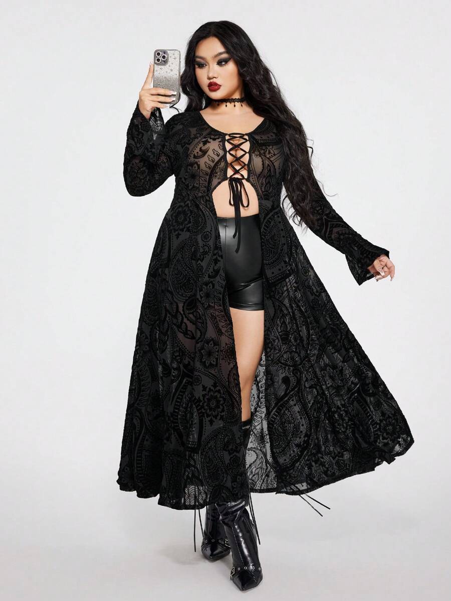 SHEIN ICON Plus Size Ruffle V-Neck Long Knit Sweater Top, Thermal Lined Long Top - Black - View 1