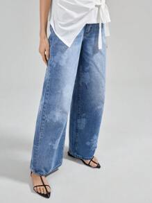 Ontre Calça Jeans Feminina Azul Cintura Baixa Casual Algodão Jeans Calça Reta Estampada Padrão Casual Estilo Dinheiro Antigo - Lavagem Média - Ver 10