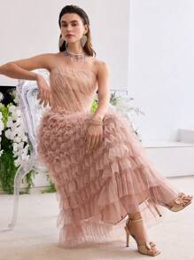 MOTF PREMIUM MESH LAYERED HEM TUBE DRESS - Pink - View 1