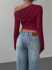 SHEIN Essnce Camiseta de mujer de manga larga con cuello de cowl asimétrico y encaje, unicolor otoñal, camiseta de encaje de manga larga para mujer, casual, para vacaciones, Año Nuevo, estilo Y2K