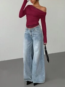SHEIN Essnce Camiseta de mujer de manga larga con cuello de cowl asimétrico y encaje, unicolor otoñal, camiseta de encaje de manga larga para mujer, casual, para vacaciones, Año Nuevo, estilo Y2K