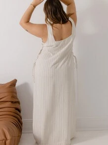 Aralina Curve Summer Vacation Beach Linen Stripe Maxi Dress With Lace Up - Blue - View 2