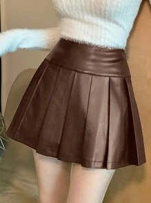 DAZY 女士时尚纯色高腰褶皱PU裙秋季半身裙 - 咖啡棕 - 查看 2