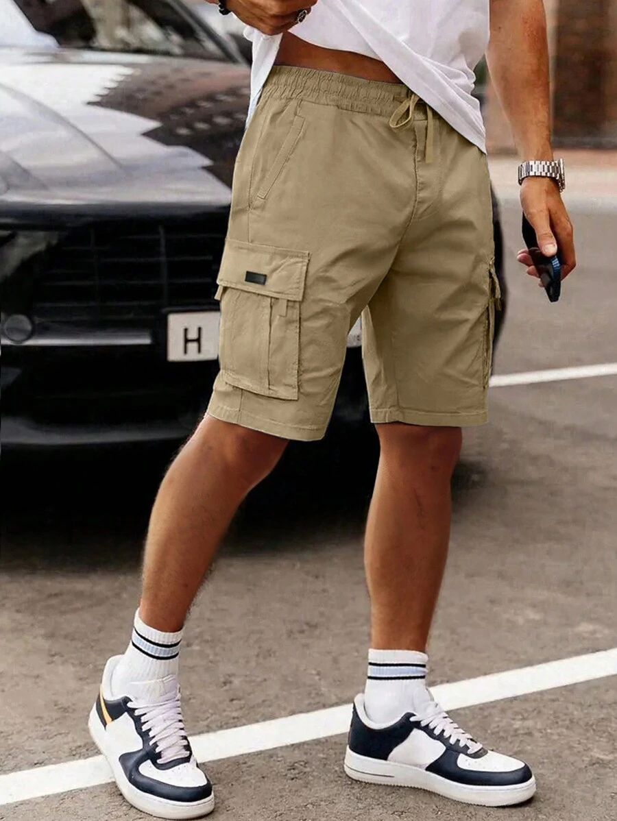 Manfinity Homme 男士宽松抽绳腰部翻盖口袋短裤，夏季男士 - 駝色 - 查看 1