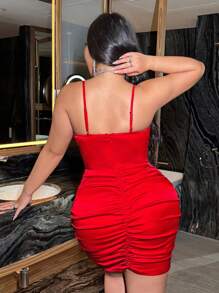 Allurite Plus Size Women Solid Pleated Backless Bodycon Camisole Dress, Suitable For Music Festival, Gala, Party - Red - View 2