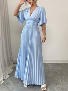 Rafferiza Light Blue Maxi Dress For Women, Elegant Pleated Summer Dress With V-Neck And Flutter Sleeves Women Evening Gown - Baby Blue - View 4