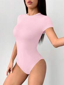 SHEIN PETITE Bộ đồ liền thân dệt kim màu trơn cổ tròn tay ngắn cho nữ - Màu Hồng baby - Xem 4