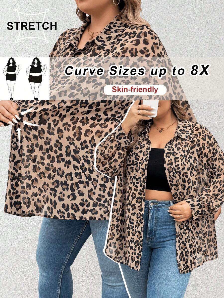 SHEIN CURVE+ Áo cánh thường ngày họa tiết da báo dài tay cài nút phía trước cỡ lớn - Nhiều màu - Xem 1