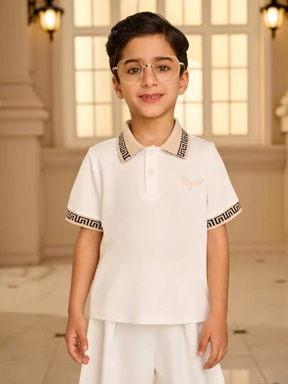 SHEIN Young Boys' Solid Color Splice Front Button Casual Polo Shirt