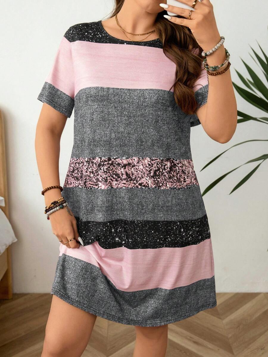 SHEIN LUNE Plus Size Women Colorblock Crew Neck Short Sleeve Casual Dress Summer/Spring Spring Break Sundress Summer Outfits Casual Dress - Multicolor - View 1