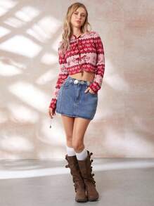 Easelle 女士蝴蝶结心形玫瑰印花前系带腰带修身长袖开衫，适合秋冬季、情人节 - 彩色 - 查看 2