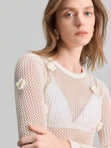 Ontre Vestido largo de punto con decoración de flor 3D hueca para mujer 2025, sofisticada flor 3D, vestido tipo capa para resort de primavera/verano, vestido de resort de primavera/verano, elegante y romántico - Blanco - Ver 7