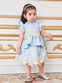 SHEIN Leap Crew Babygirl 优雅可爱花卉印花吊带上衣和迷你裙套装，夏季 - 藍色 - 查看 4