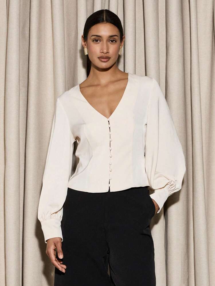 Elegant Satin Blouse With Balloon Sleeves And V-Neck